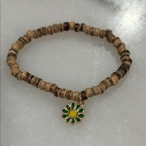 Wood Beaded Stretch Bracelet with Flower Charm